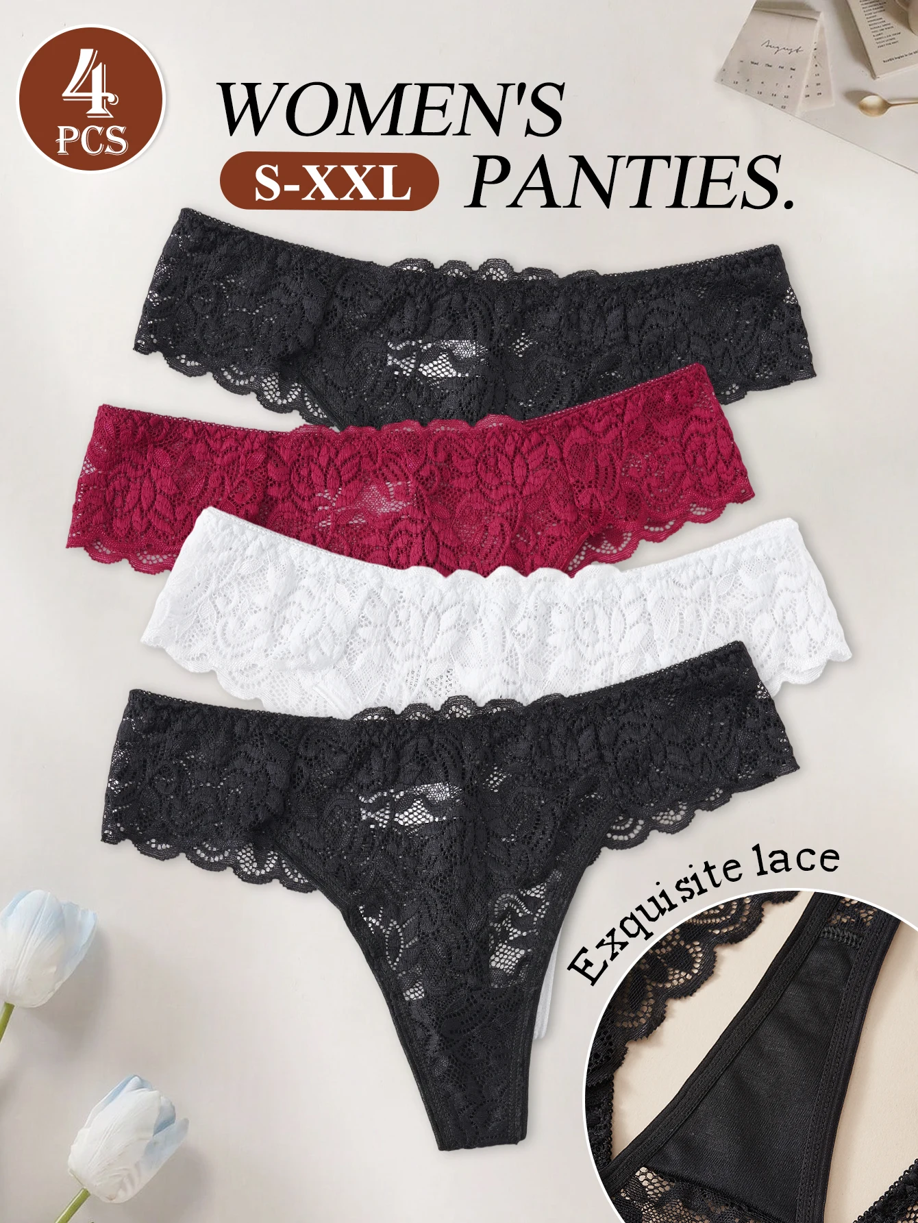 4PCS Ladies Exquisite Floral Lace Panties Low Waist Hollow Out Thong Breathable Seamless G-string Daily Intimate Underwear S-XXL