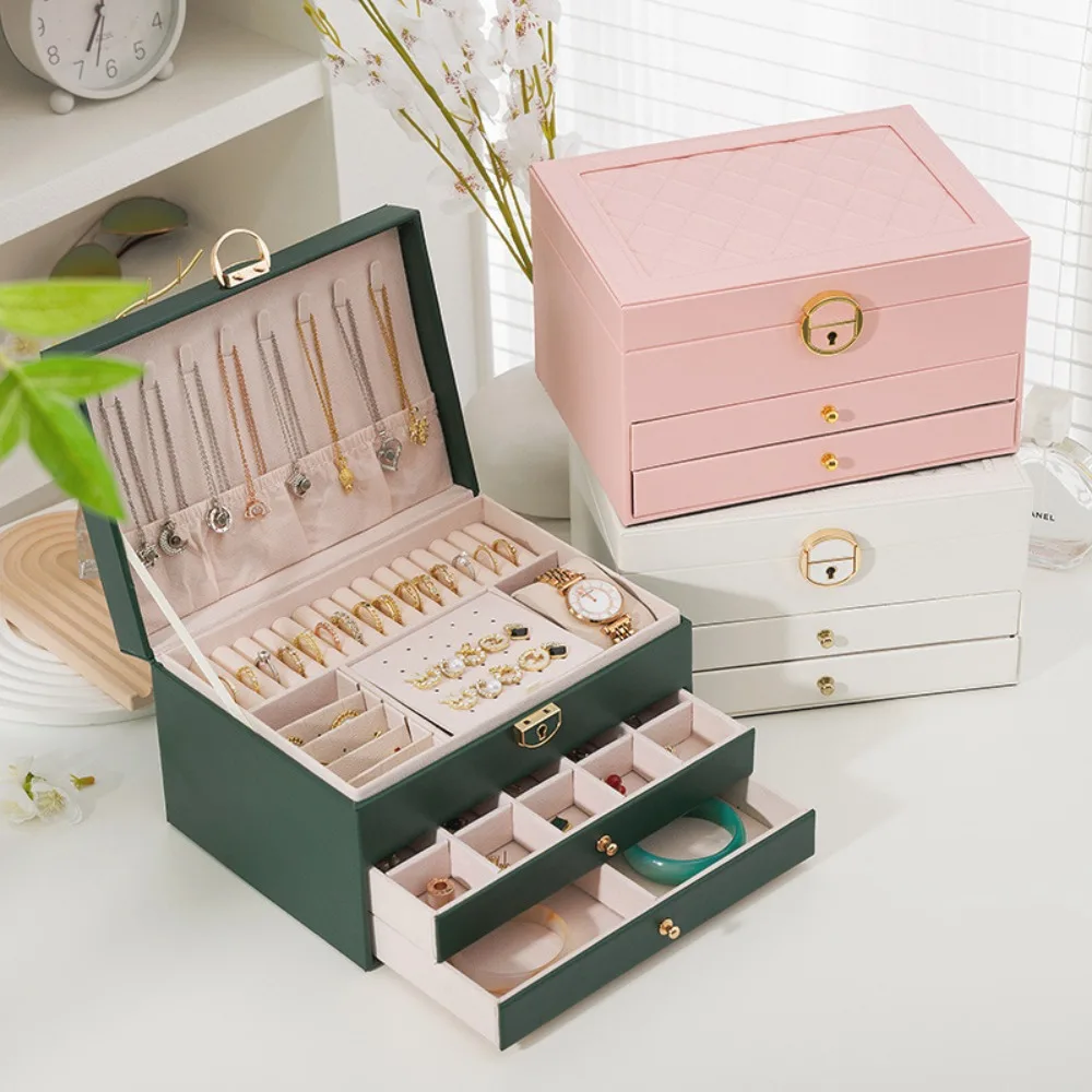 

Three-layer Jewelry Storage Box Earring & Necklace Storage​ with Key​ Jewelry Display Case​ PU Leather Jewelry Organizer