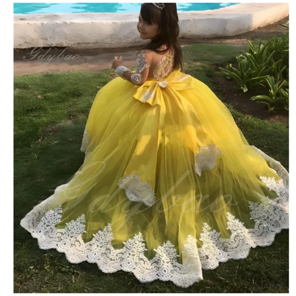 Yellow Long Trains Fluffy Flower Girl Dress For Wedding  White lace appliqués With Bow Eucharistic Birthday Party Dresses