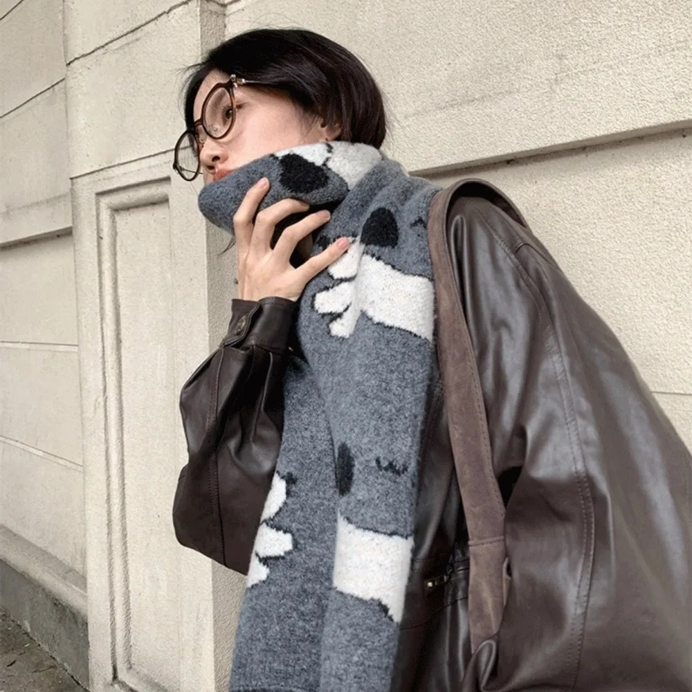 

Fashion Lightweight Puppy Pattern Scarf Windproof Warm Cashmere Blend Scarf Cute Korean Style Knitted Shawl Winter