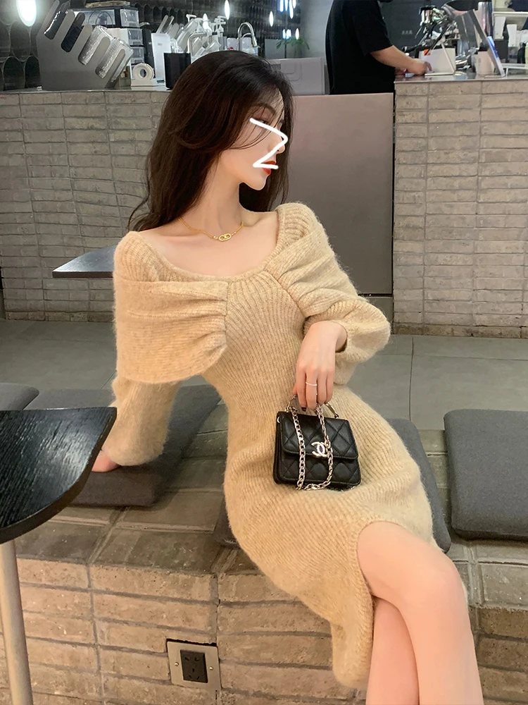 Ele Gebreide Dr Dames Bodycon Rok Met Hoge Taille Herfst Winter Faion Afslanken Lange Sve V-Ne Pendelen Sle