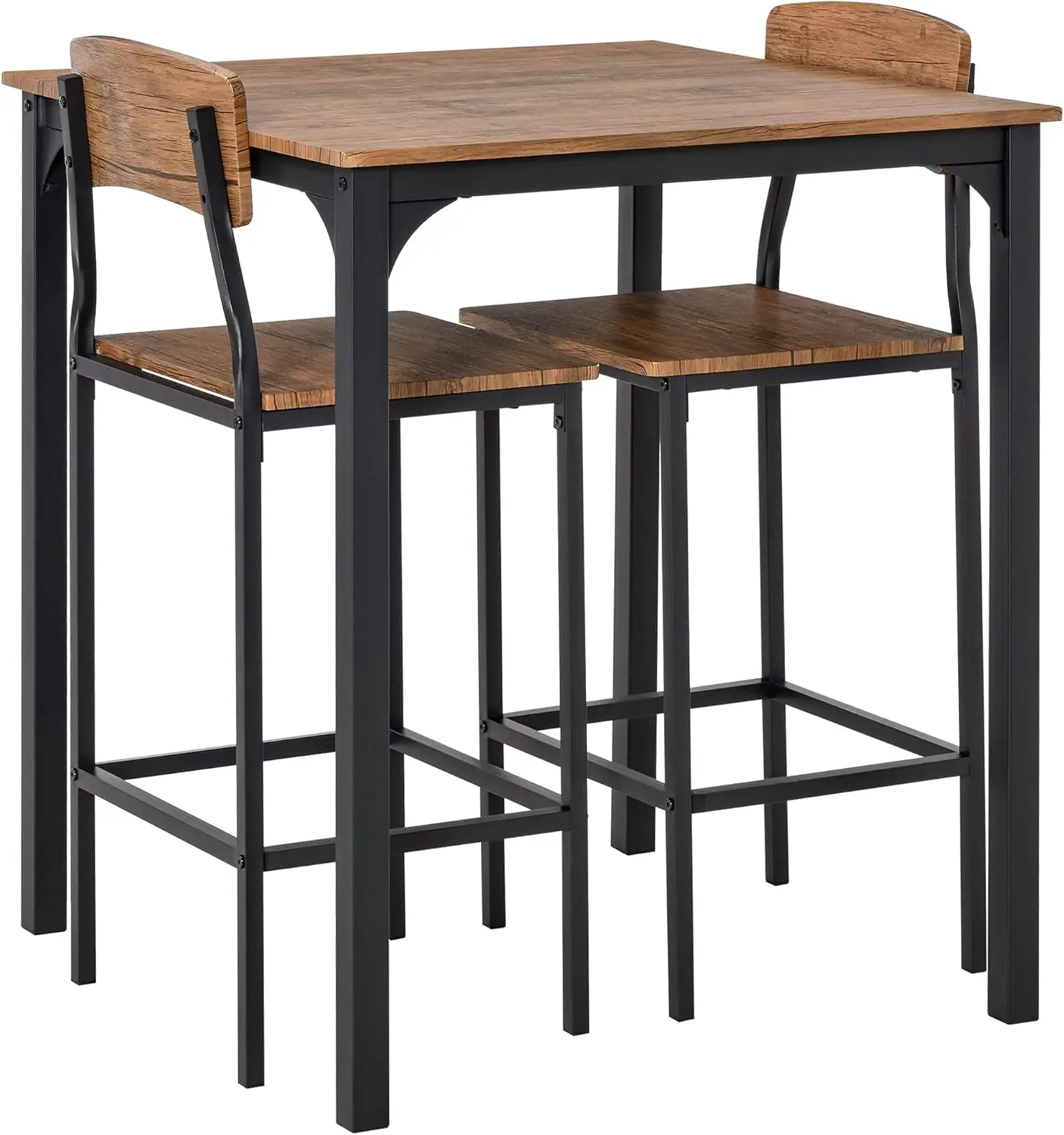 3 Piece Industrial Counter Height Dining Table Set, Bar Table & Chairs with Steel Legs & Footrests, Black