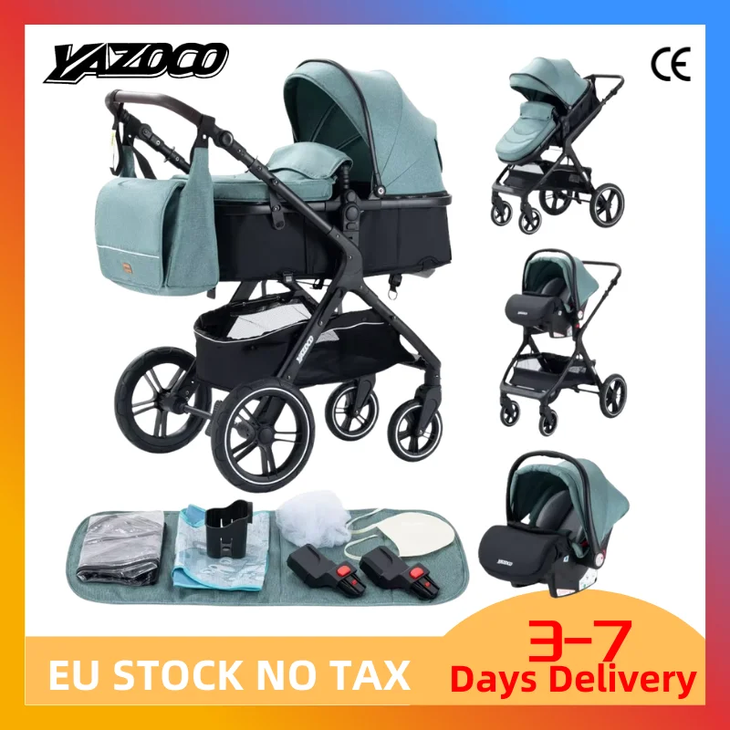3 in 1 Baby Stroller with Car Seat and Sleeping Basket Lightweight Infant Pushchair Multifunction Baby Pram Compact Folding Pram