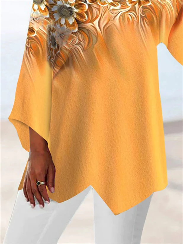 Plus Size Women Asymmetrical 3/4 Sleeve Scoop Neck Printed Stitching Tops