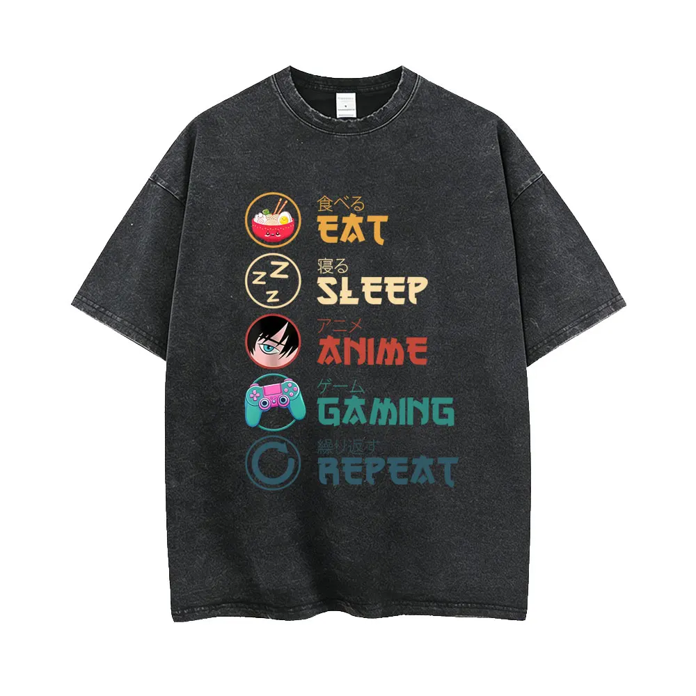 Eat Sleep Anime Gaming Repeat Washed Vintage T Shirt Men Women Fashion Casual Humor T-shirt High Quality Cotton Oversized Tshirt