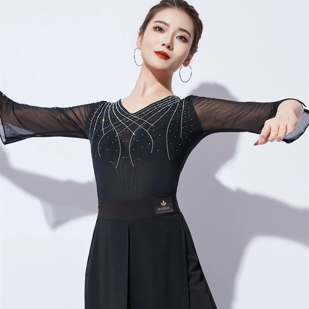 Samba-Top de baile con diamantes de imitación para mujer, camisa de baile latino con manga con volantes y cuello en V, vestido de fiesta de malla profesional negro