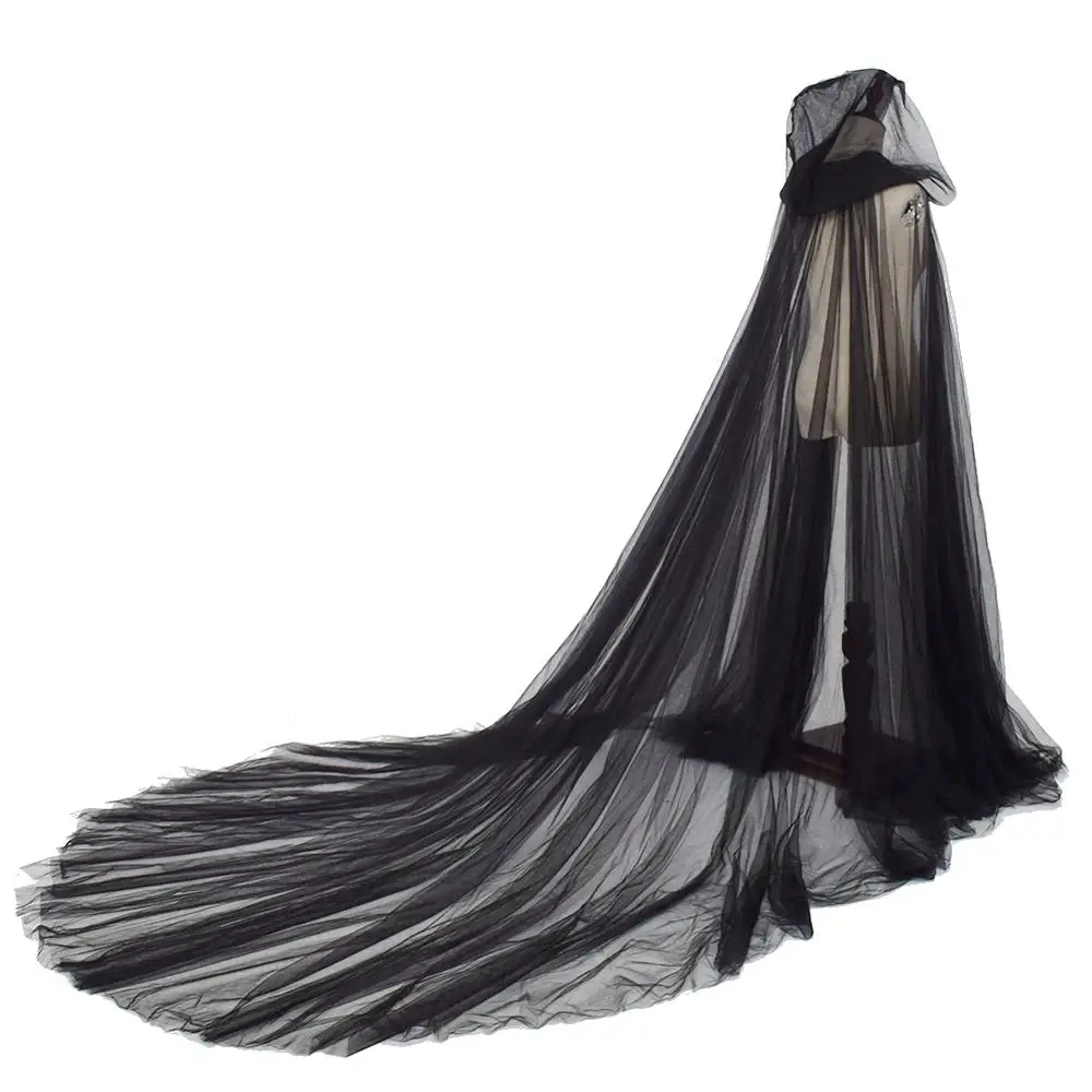 Women Tulle Vintage Style Capes Hooded Long Train Elf Cloak Elegant Long Vintage Solid Color Tulle Cape