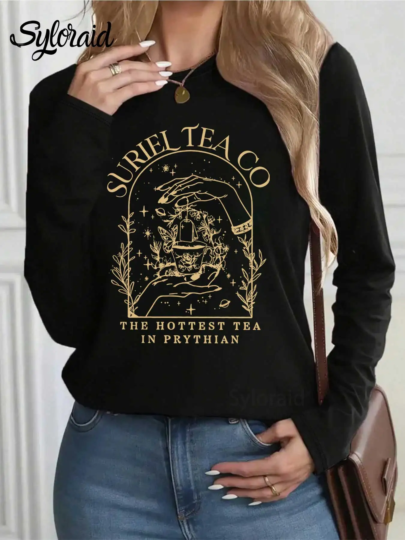 المرأة طويلة الأكمام تي شيرت Suriel Tea Co الجرافيك تي شيرت محكمة الشوك والورود قميص موضة الجولة الرقبة رداء علوي غير رسمي #2