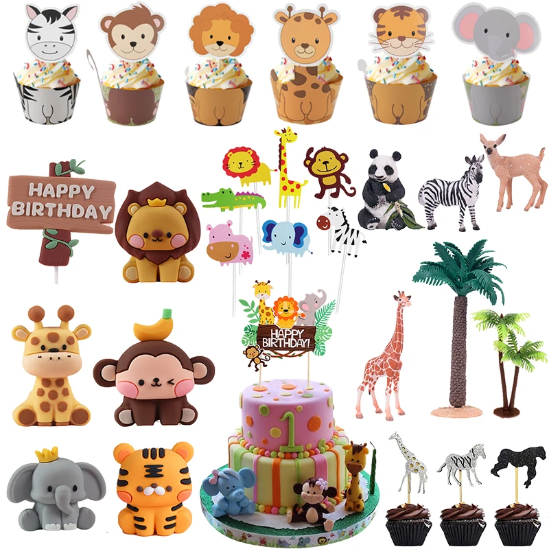 Safari Party Cake Decor Leeuw Tijger Giraffe Taart Topper Verjaardag Cupcake Topper Baby Shower Dierentuin Jungle Dier Feestartikelen