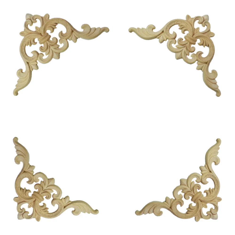 4 Pcs Wood Mouldings Applique Wood Decal Carved Unpainted Modern Flower Rubber Wooden Corner Furniture Cabinet Walls Decor