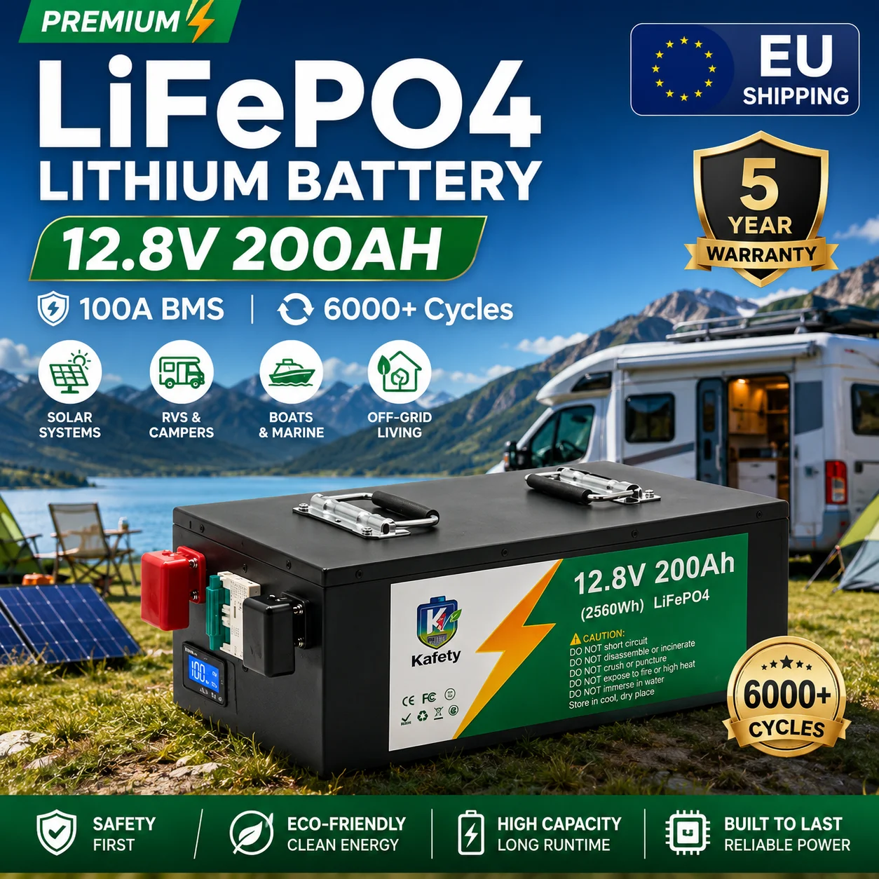 Image of Easun 12V 200Ah LiFePO4 Solarbatterie, Grade-A-Zellen, integriertes BMS, parallelisierbar, über 6000 Zyklen für Wohnmobile, Camper, Marine, Off-Grid und Heimspeicher, EU-Versand