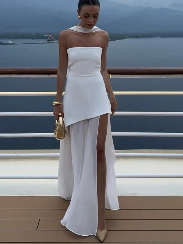 Fashion Elegant Solid Strapless Chiffon Maxi Women Evening Dress Halter Neck Party Gown Chic Vacation Sleeveless Long Dresses