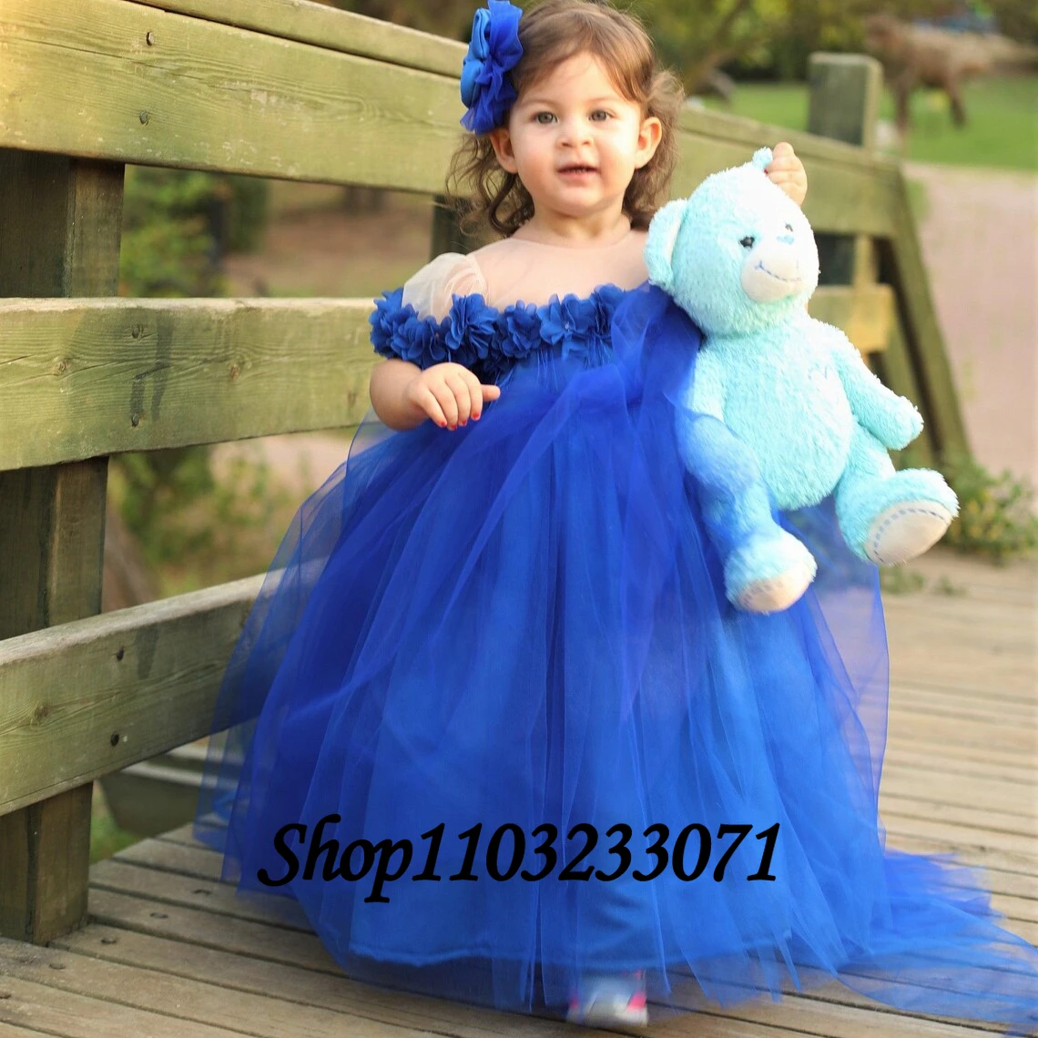 Royal Blue Flower Baby Girl Dress Train Beaded Bow Little Kids Princess Girls Wedding Birthday First Communion Party Dress