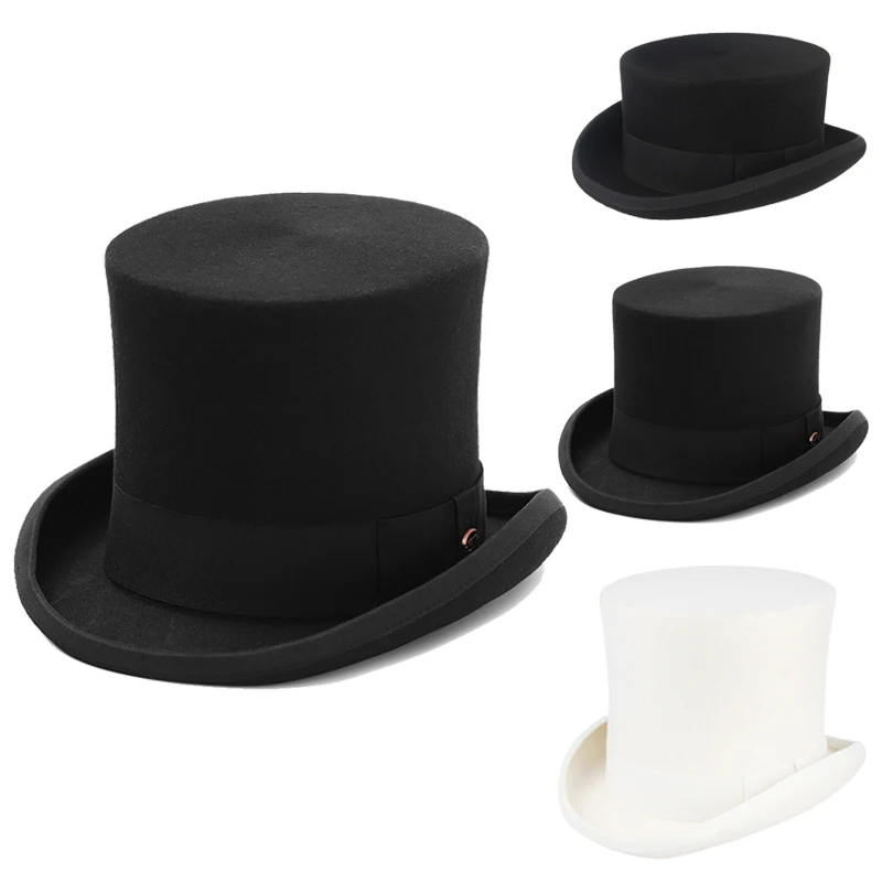 Men Women 100% Wool Felt Top Hat Gentleman Cylinder Hat Satin Lined Party Formal Fedora Costume Magician Cap