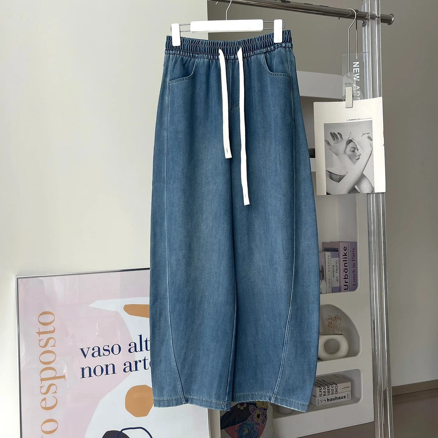Elastic Waist Casual Jeans Smooth Elastic Commute Versatile Slimming Long Pants Korean Style with Pockets Breathable Fabric