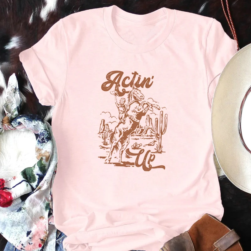 Actin Up Retro Western Rodeo T-Shirts for Women Vintage Boho Country Music T Shirt Short Sleeve Cowgirl Graphic Tees Clothes