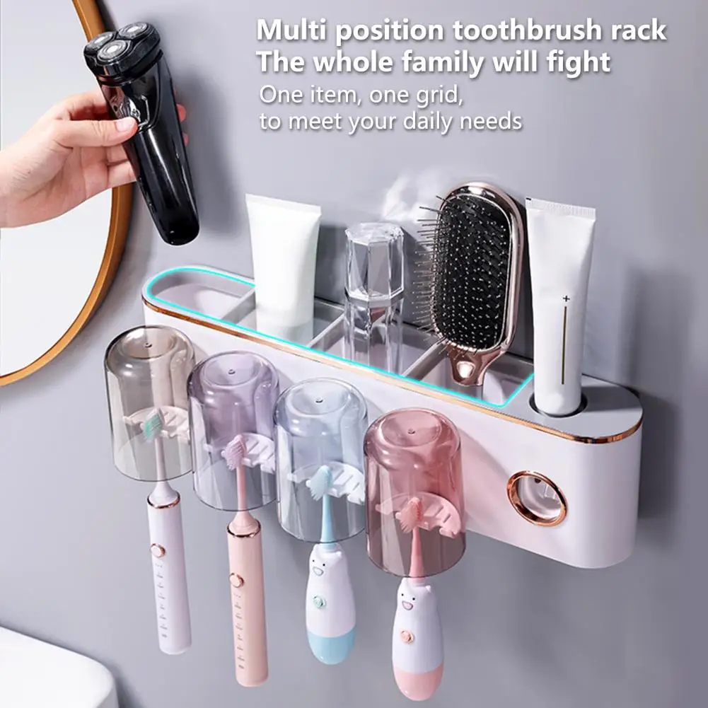 Toothbrush Rack Punch-free Dustproof Plastic Wall-mounted Toothbrush Holder with Mouthwash Cups Automatic Toothpaste Dispenser