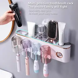 Toothbrush Rack Punch-free Dustproof Plastic Wall-mounted Toothbrush Holder with Mouthwash Cups Automatic Toothpaste Dispenser