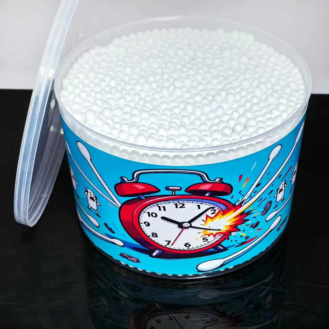 500개 알람 시계 패턴 창의적인 버킷 사이즈 면봉, 성인용 둥근 양면 청소용 특수 면봉