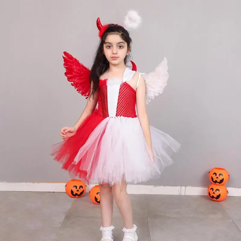 Angel Devil Cosplay Costume Red White Tween Halloween Dress Costume Angel and Devil Costume Accessory with Tulle Wing Headband