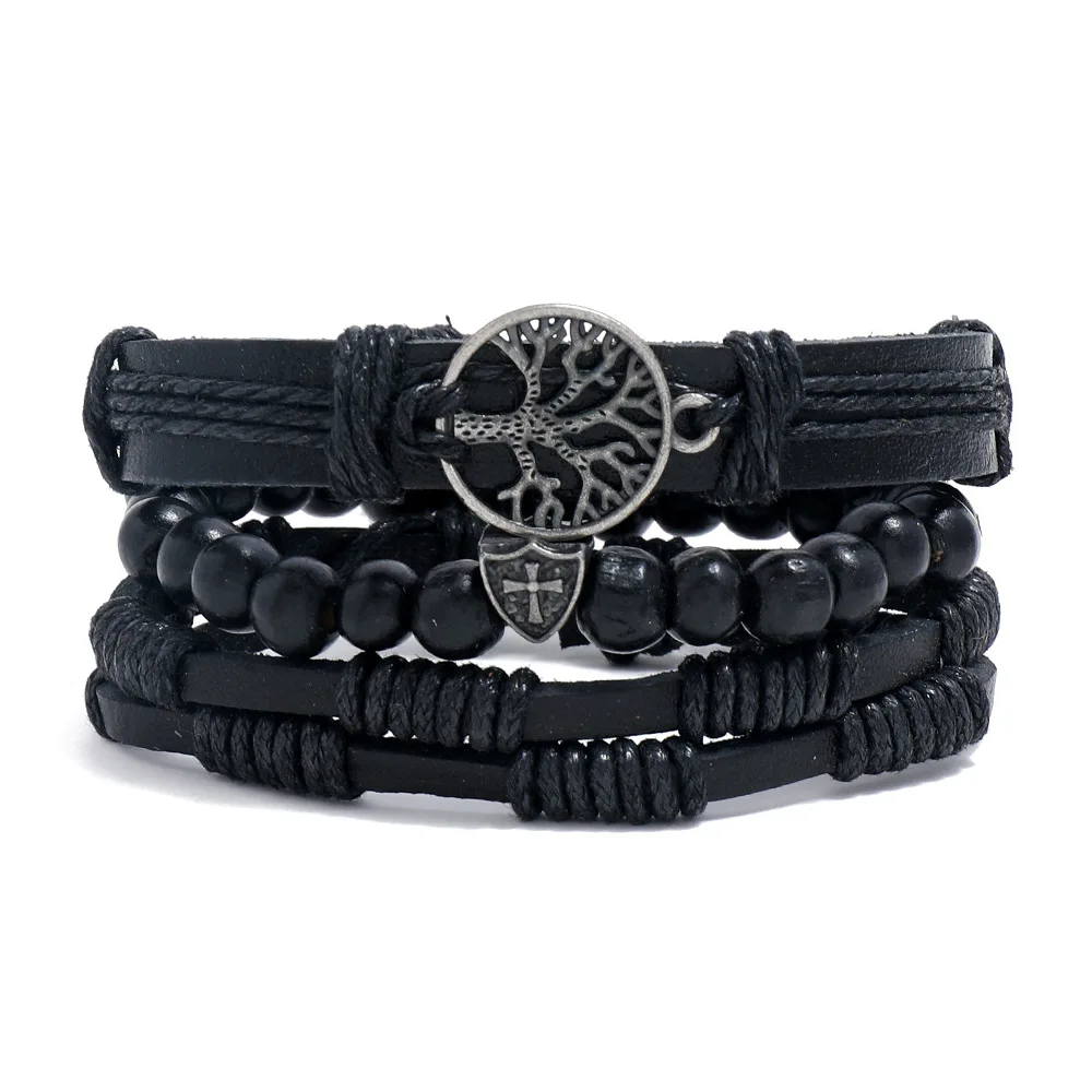 4 stks/set Gevlochten Lederen Wrap Armbanden voor Mannen Vintage Leven Boom Roer Charme Houten Kralen Etnische Tribal Polsbandje Touw Armband
