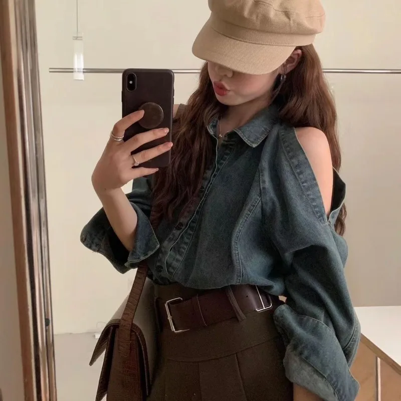 Korean Vintage Sexy Denim Tops Streetwear Chic Coat Women Y2k Loose Hollow Out Long Sleeve Off Shoulder Jackets Outerwear