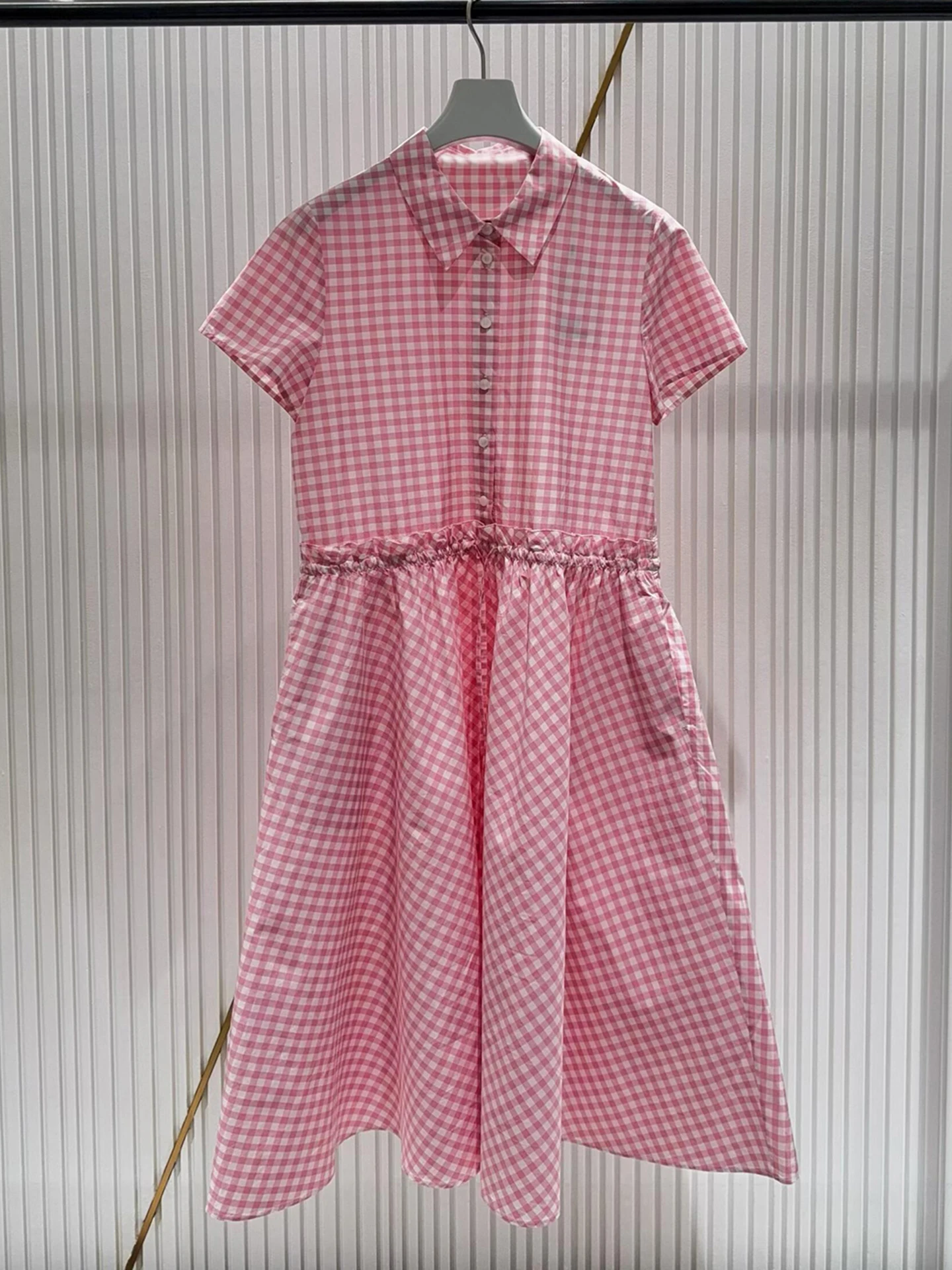 

Sweet Pink Plaid Neck Shirt Dress Women's High Waist A-Line Skirt Breathable Comfortable Spring Summer Autumn Dress
