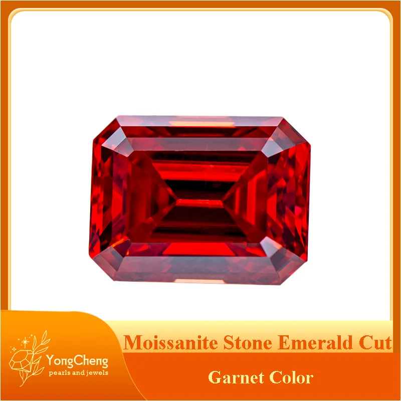 

Moissanite Stone Garnet Color Emerald Cut Lab Grown Diamond Charms Ring Necklace Earrings Main Materials with GRA Certificate