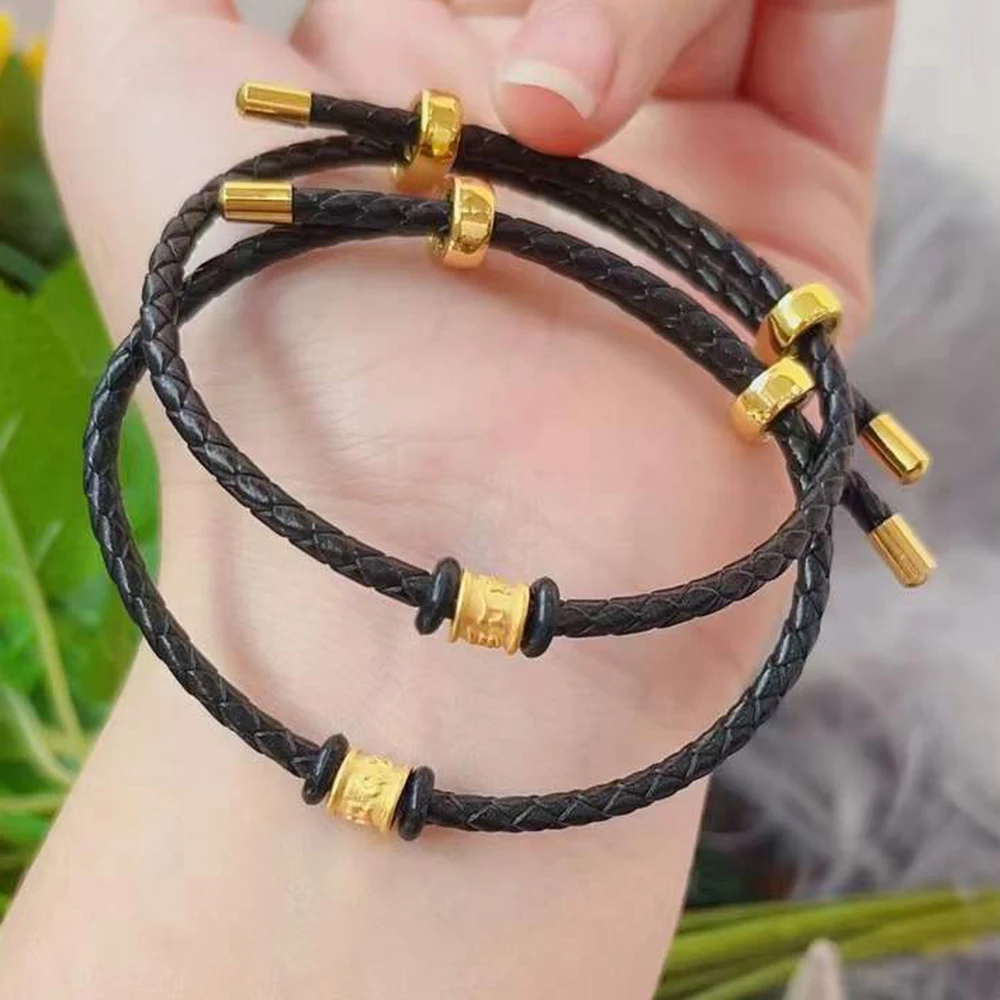 999 Pure 24K Yellow Gold Bracelet For Women 3D Six Sutra Tube Black Leather String 16-18cm Length