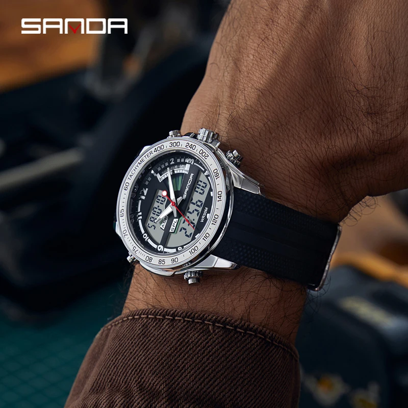 SANDA 2025 Orologio da uomoCasual Moda Elegante Multifunzionale Business Rotondo Elettronico al Quarzo Doppio DisplayCinturino in gomma Orologi3307