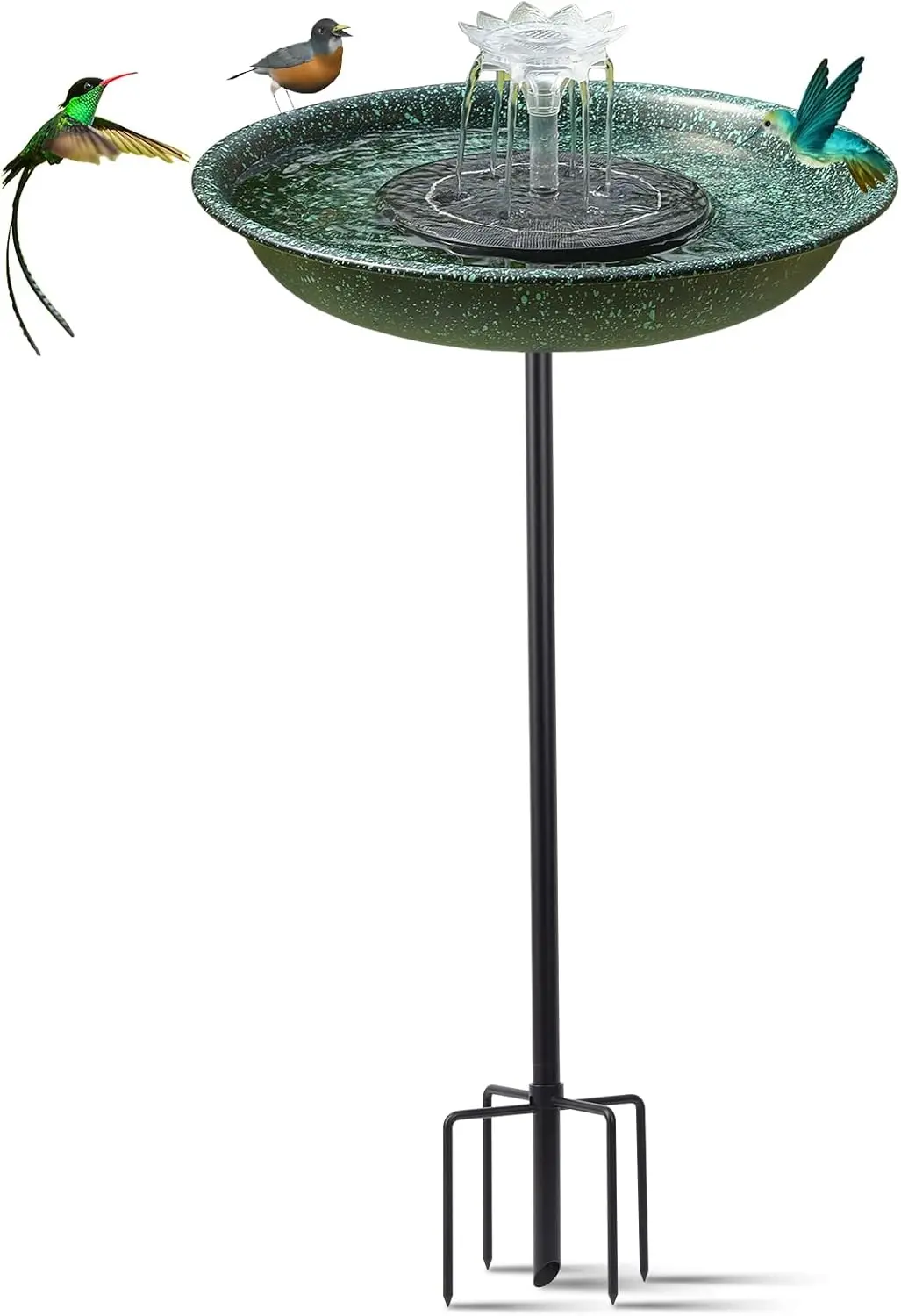 

Solar Fountain Bird Bath for Outside Garden Decor,All Metal Hummingbird Bath & Crow Feeder with 5-Prong Base