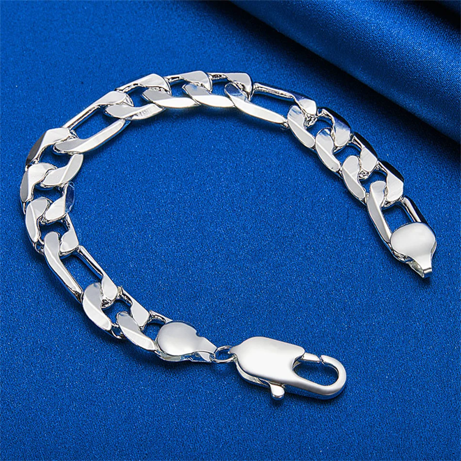 925 فضة 12 مللي متر 8 بوصة غرامة فيجارو سلسلة سوار الرجال النساء موضة الزفاف هدية مجوهرات حلية الشرير الطرف