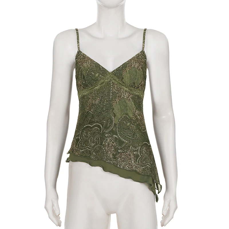 SUCHCUTE Fairycore Y2K Damen Cami-Top mit Blumenmuster, Spitzen-Patchwork, Asymmetrischem Saum, Spaghettiträgern, Schlankem Schnitt, Ärmellos, Streetwear Cami – Detail 4