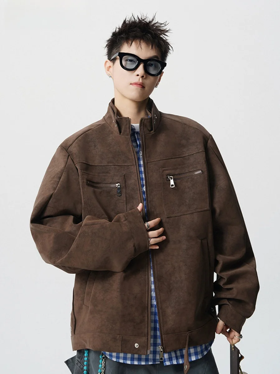 

Ретро-куртка в американском стиле из замши с цветными вставками и воротником, мужская повседневная верхняя одежда, осенняя модная брендовая модель для пар, свободный крой, длинный рукав