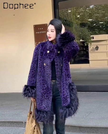 Stehkragen, Quaste, Leopardenmuster, verdickt, umweltfreundlich, Kunstpelzmantel, modischer europäischer Stil, lockerer, vielseitiger, schicker Kunstpelzmantel