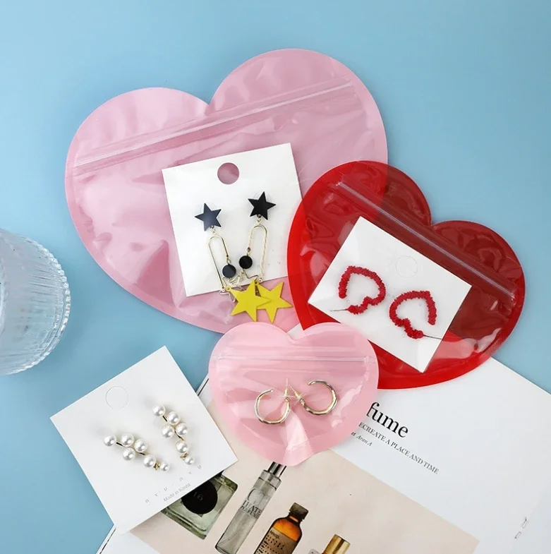 10Pcs Resealable Heart Shape Flat Plastic Zip Lock Bags Front Clear Valentine Candy Jewelry Gifts Hairpin Storage Pack Pouches