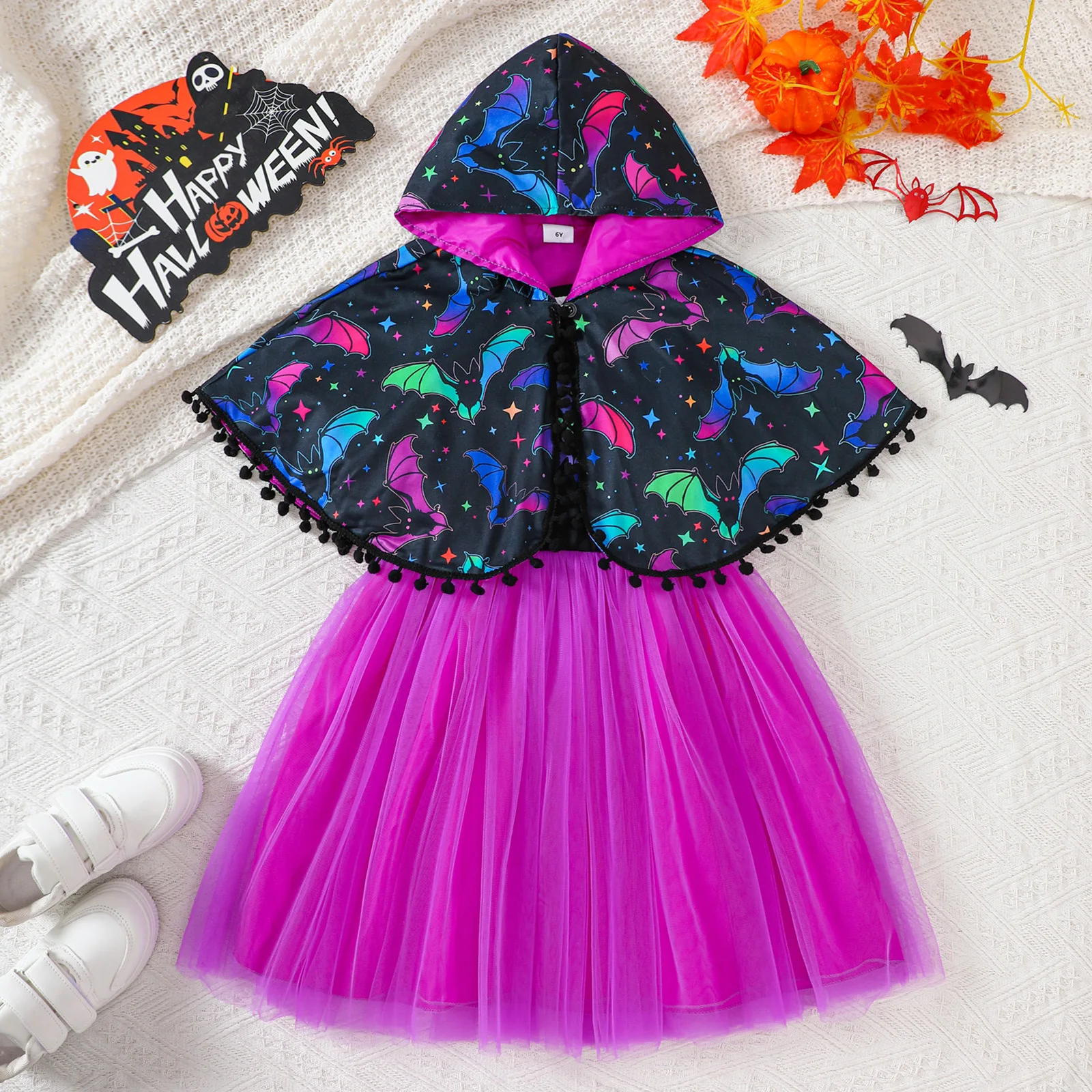 

Bat Tulle Dress Childrens Girls for Halloween Dress Up Stage Performance Cartoon Print Sleeveless Mesh Dresses with Cape Set