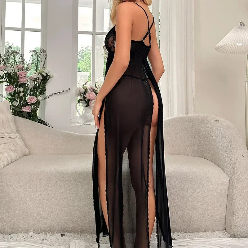 Womens Pajamas Dress Sexy Lingerie Nightgowns Sleepwear Nighty Set Mesh Bow Slit Long Skirt Spaghetti Strap Lace Sleeping Dress