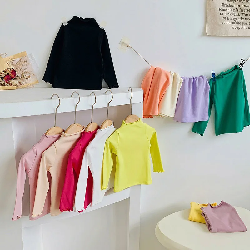 Mädchen-T-Shirt aus Baumwolle mit Stehkragen, Rüschenärmeln, einfarbig, weiß, niedlich, weich, lässig, süß, für den Alltag