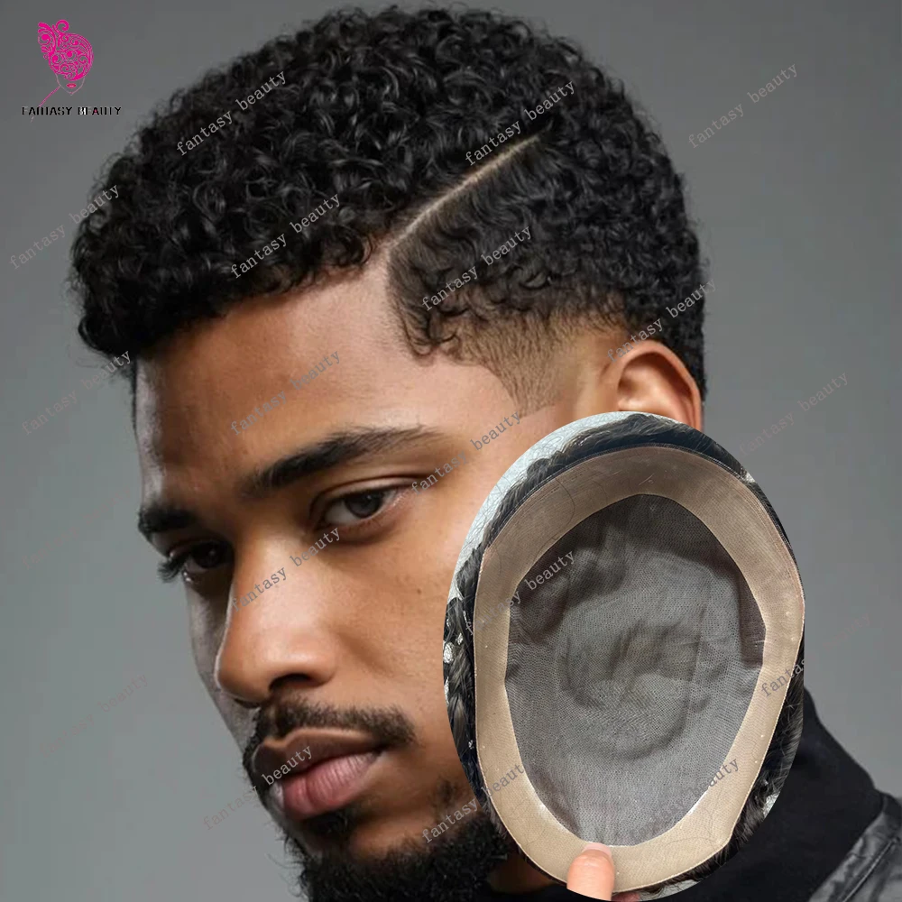 

Afro Men Human Hair Prosthesi 10mm 12mm Jerry Curly Super Durable Fine MonoMale Toupee Natural Looking Comfortable 8mm Curl Wig