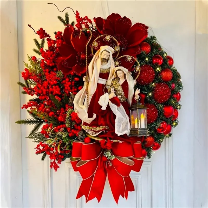 Christmas Wreath with Lights Hanging Ornaments Front Door Wall Decorations Merry Christmas Tree Artificial Garland