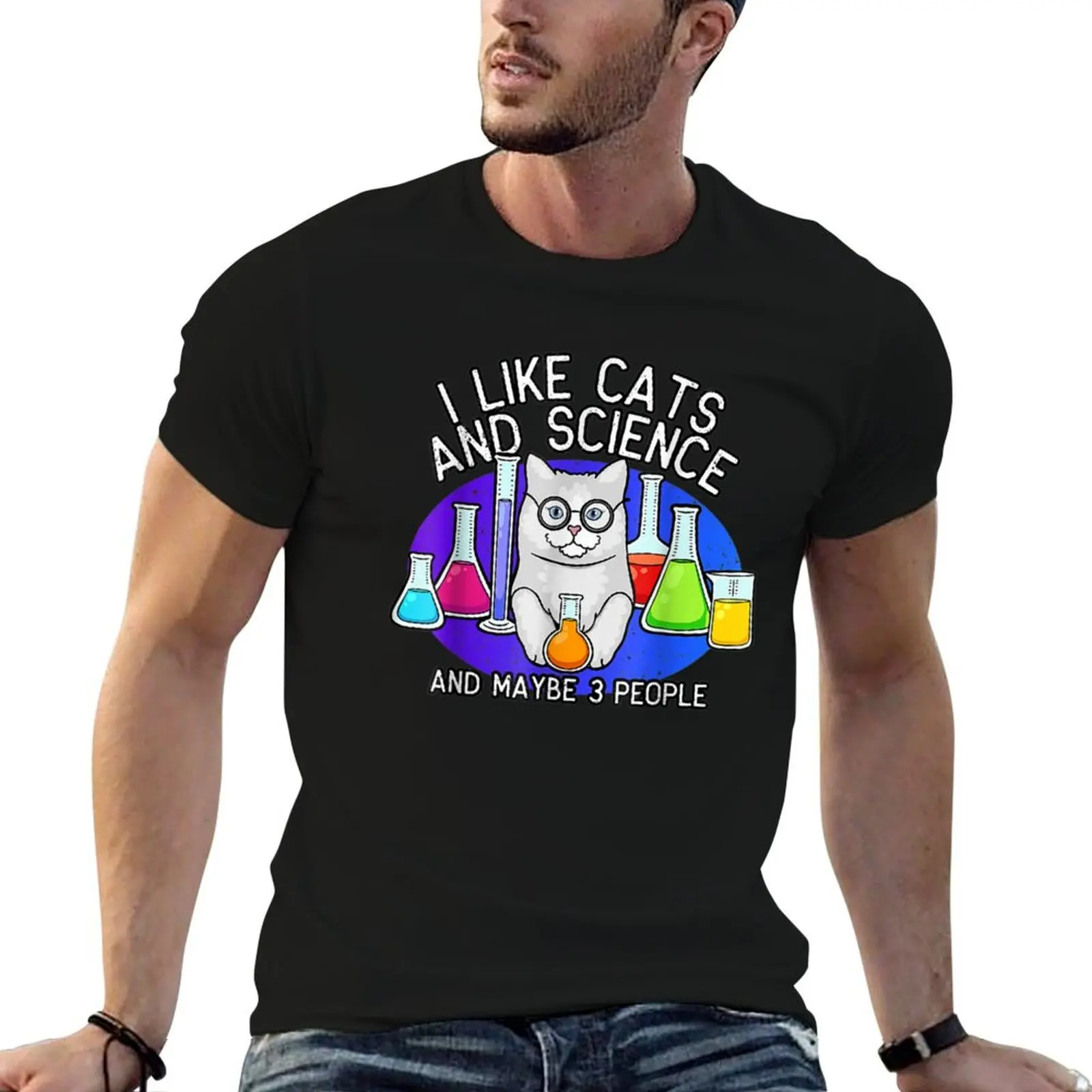 i like cats and science and maybe 3 people T-Shirt Work Daily Short Sleeve Top