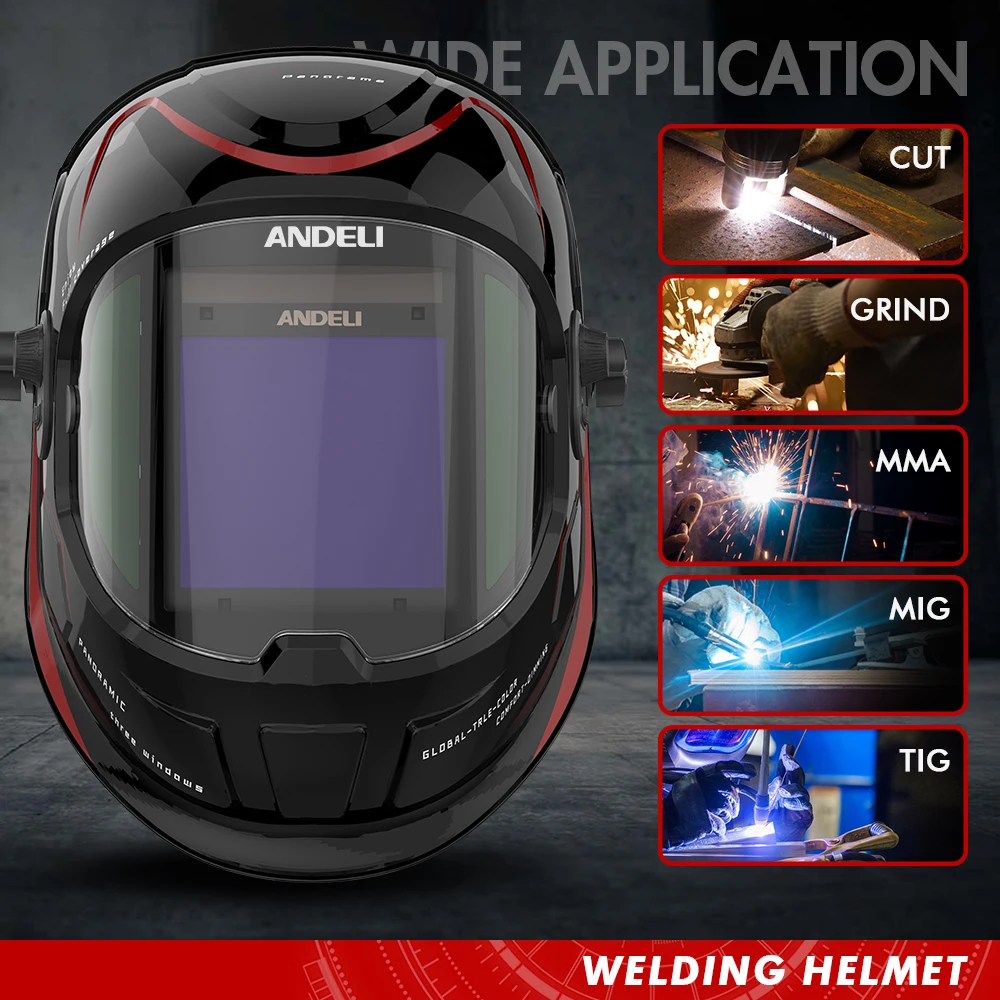 ANDELI-Máscara de soldadura con oscurecimiento automático, casco de soldadura con vista grande, Color verdadero DIN4 1/1/100, para TIG MIG MMA CUT, 1/2x95mm