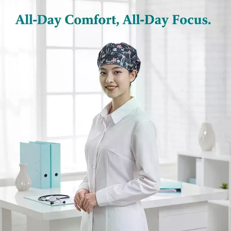Printed Bouffant Scrub Caps Polyester Cotton Breathable Multi Patterns for Dental Clinic Staff Nurse Daily Work Wear