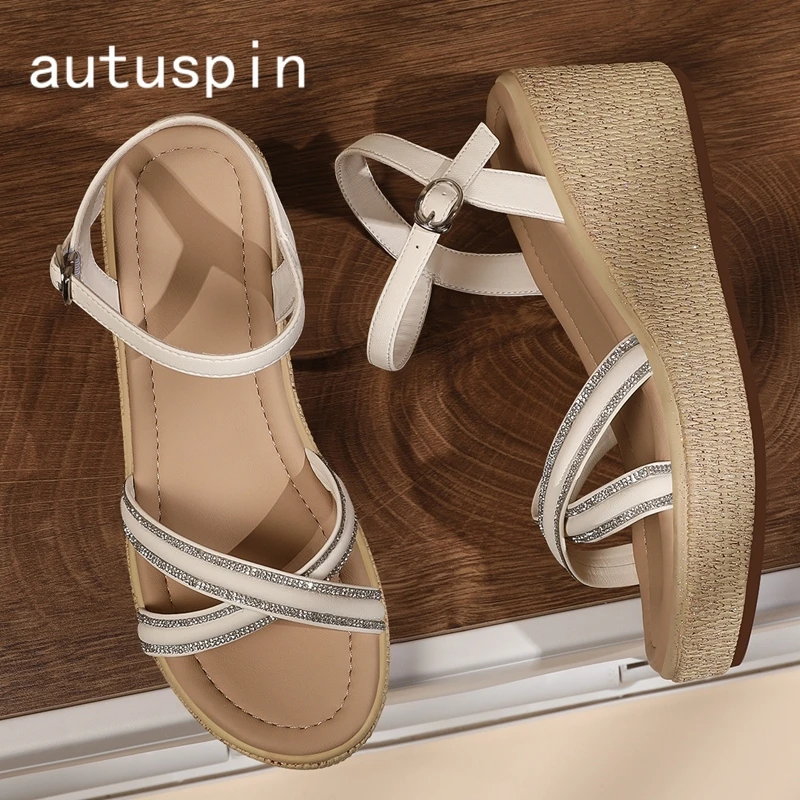 

AUTUSPIN 7.5cm Fashion Women High Wedges Heels Summer Sandals FASHION PU Leather Casual Shoes Crystal Ladies Platform Sandal