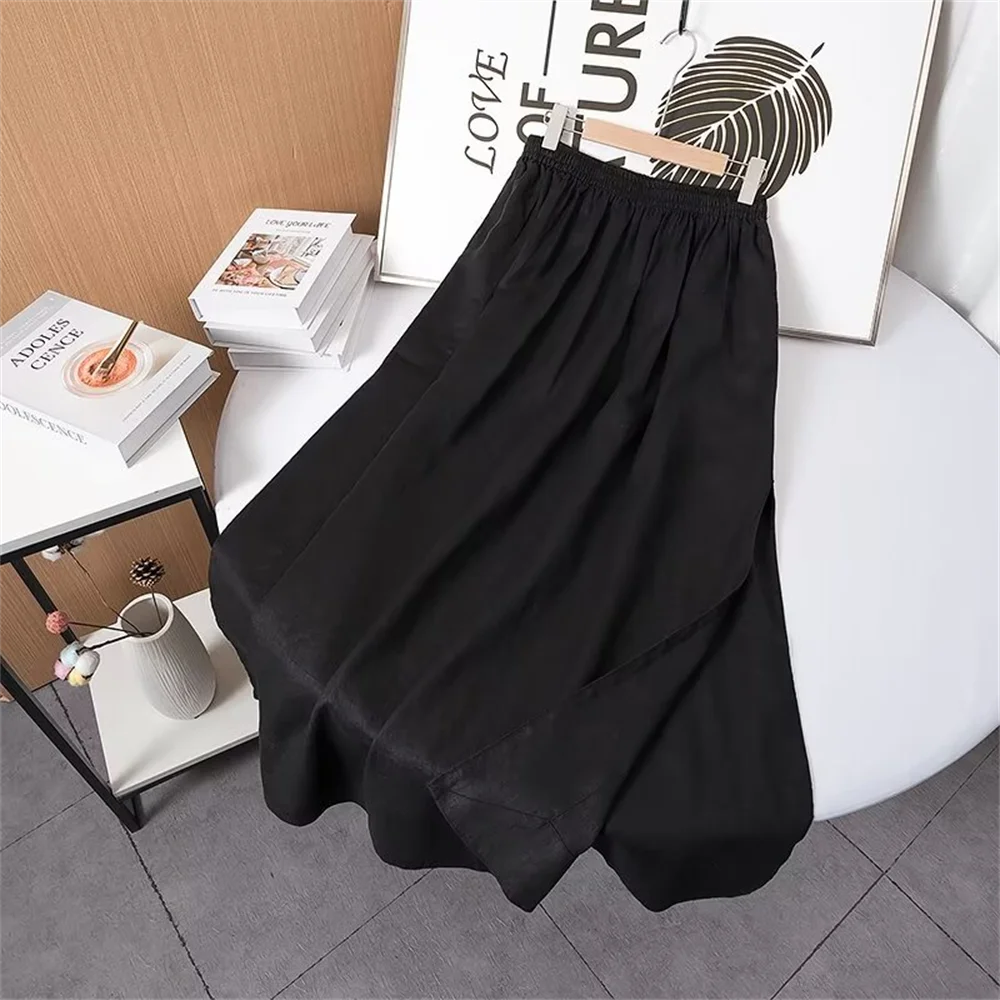 Cos Lris 2024 Summer New Product Women\'s Versatile Casual Elastic Waist Black A-line Skirt Half skirt