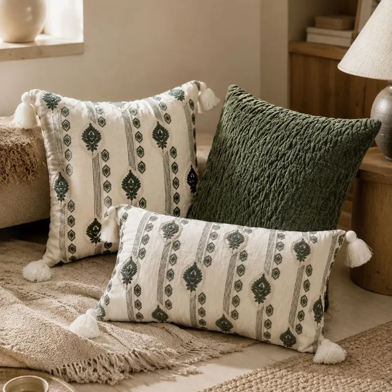 Sage Green Cream Boho Cushion Cover Vintage Embroidered Tassel Soft Velvet Quilted Textured Pillow Cover Farmhouse Home Decor