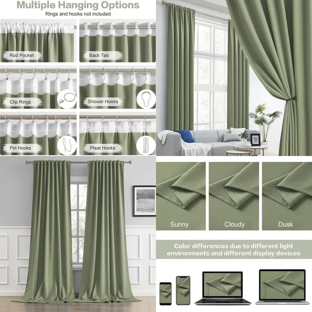 Rideaux bloquant la lumière vert sauge de 120 pouces avec languette arrière, 52 x 120, ensemble de 2 panneaux