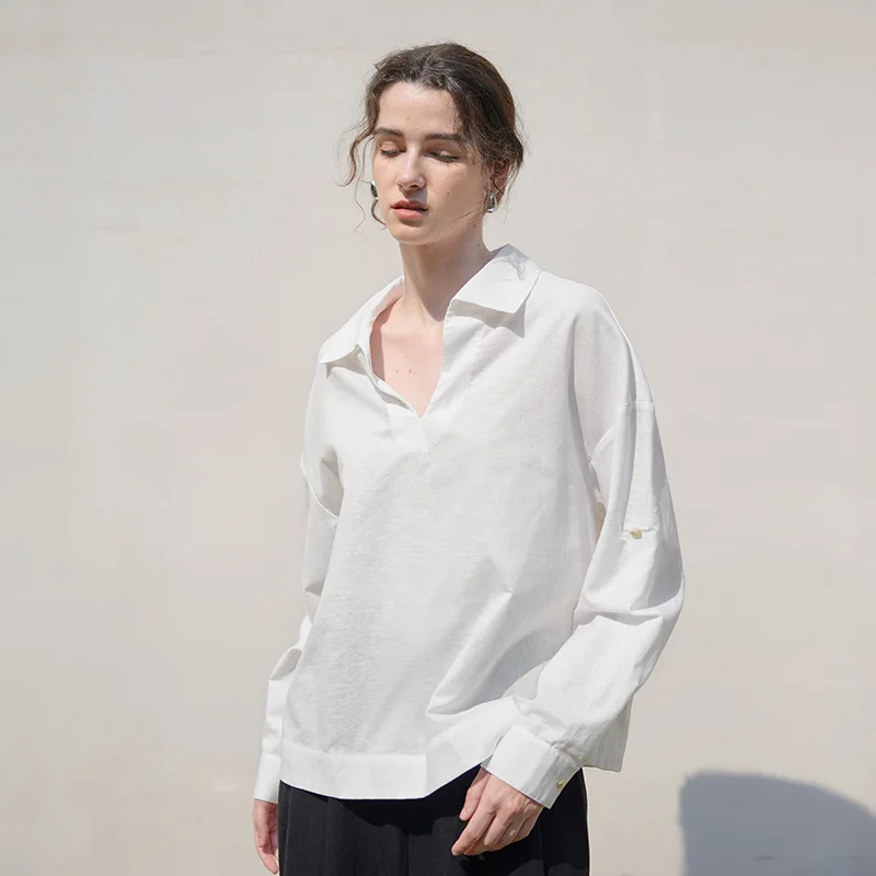 Camicetta da donna in cotone e lino con scollo a V manica lunga colore bianco vintage casual allentato moda streetwear camicie da donna da ufficio Feminino