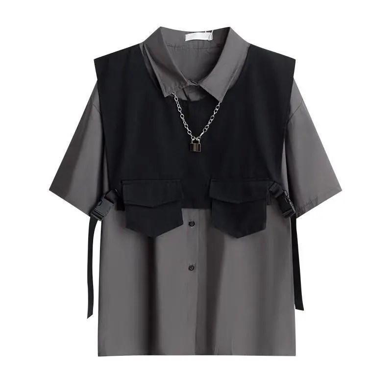 

Trendy Techwear Shirt Set for Men Summer Short Sleeve Dark Casual Coordinated Outfit
